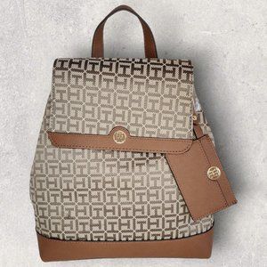 Tommy Hilfiger Large Tan Tonal Jacquard Backpack with Detachable Card Ho…